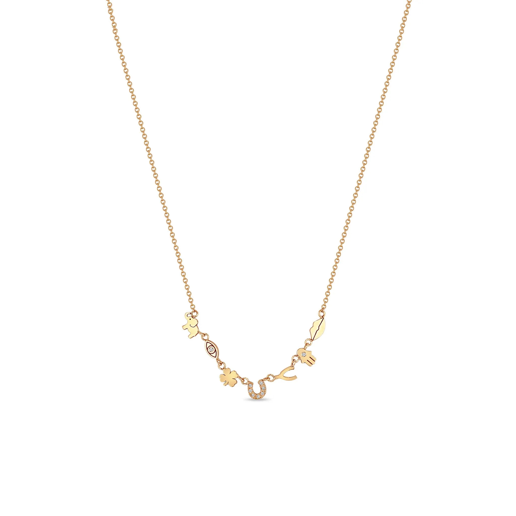 14k 7 Itty Bitty Gold & Diamond Linked Luck Symbols Necklace