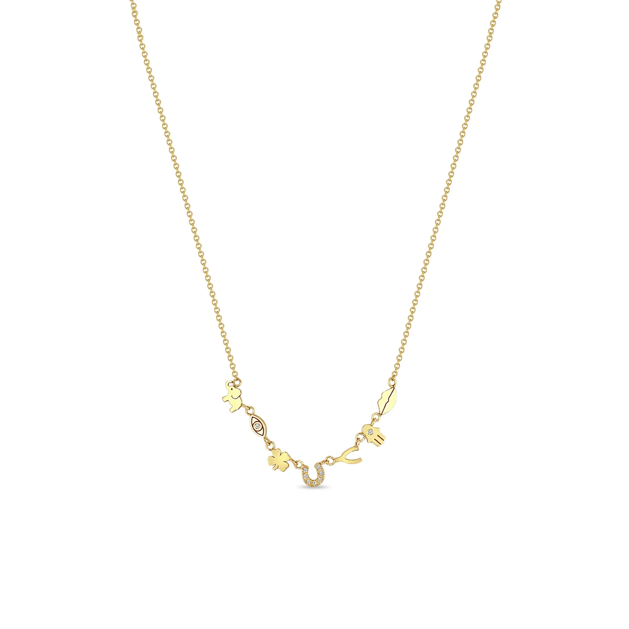 14k 7 Itty Bitty Gold & Diamond Linked Luck Symbols Necklace