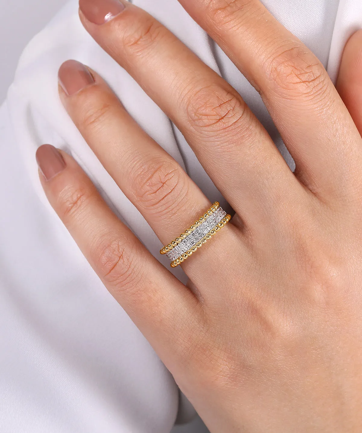 14K White-Yellow Gold Diamond and Bujukan Bead Ring