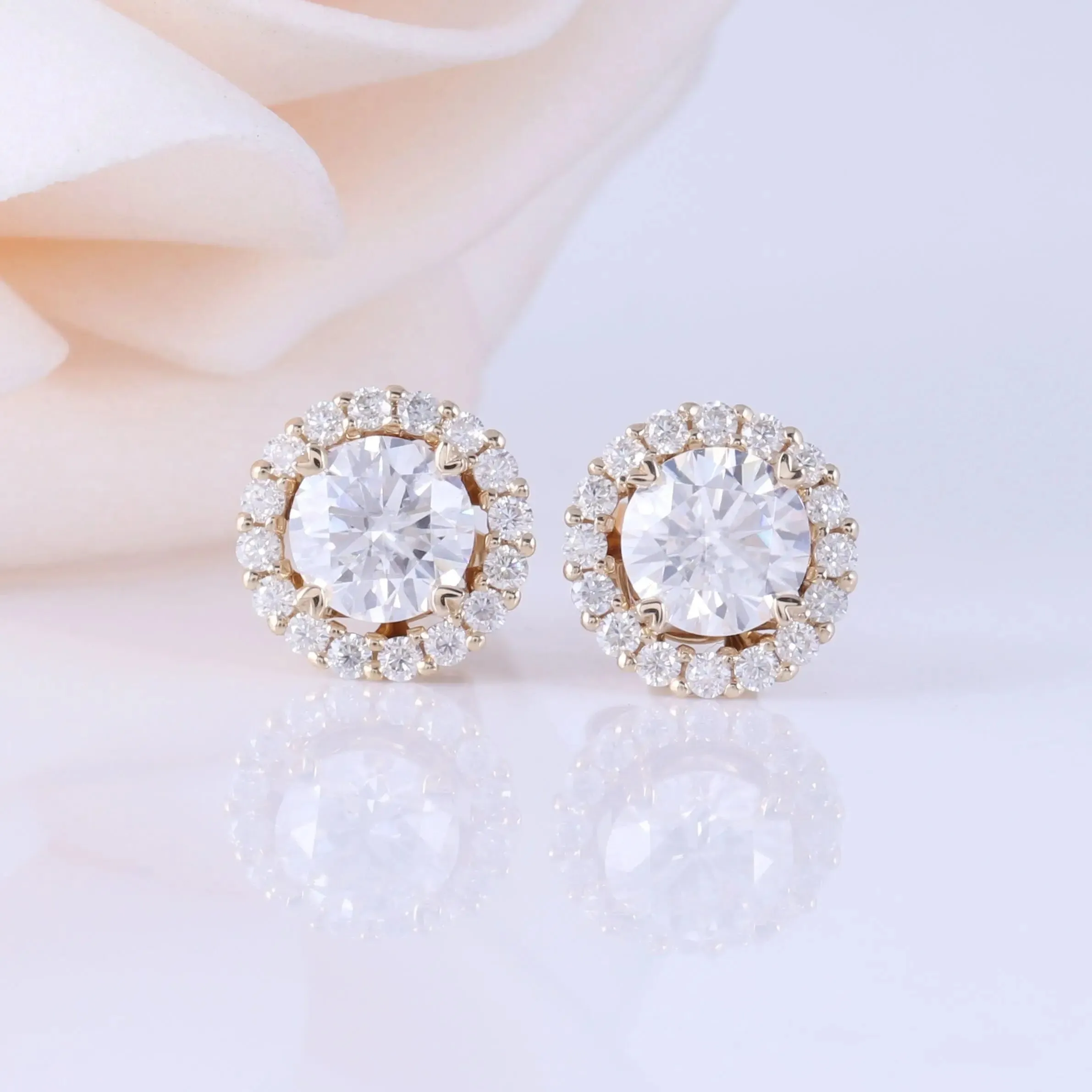 14k Yellow Gold Halo Moissanite Stud Earrings 1.28ctw