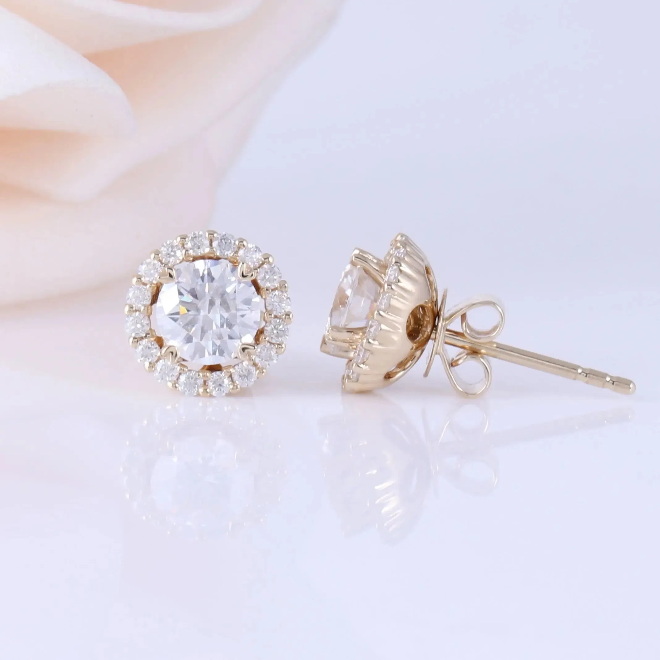 14k Yellow Gold Halo Moissanite Stud Earrings 1.28ctw