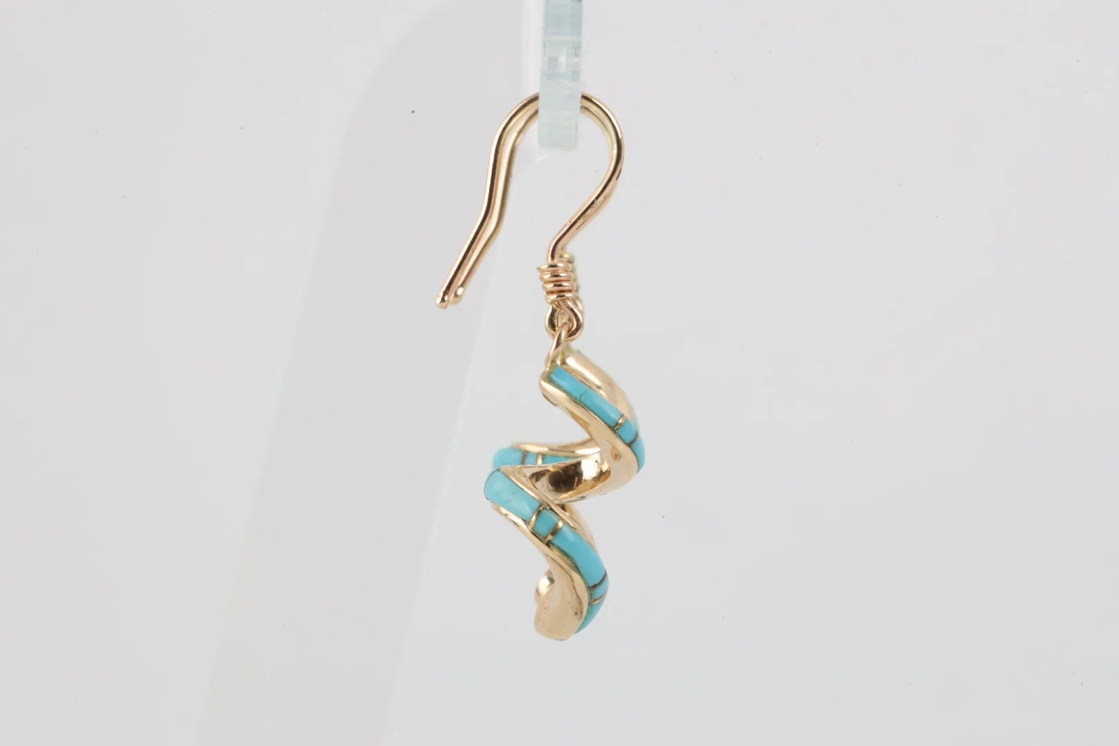 14k Yellow Gold Turquoise Inlay Spiral Dangle Earrings (6.14g.)