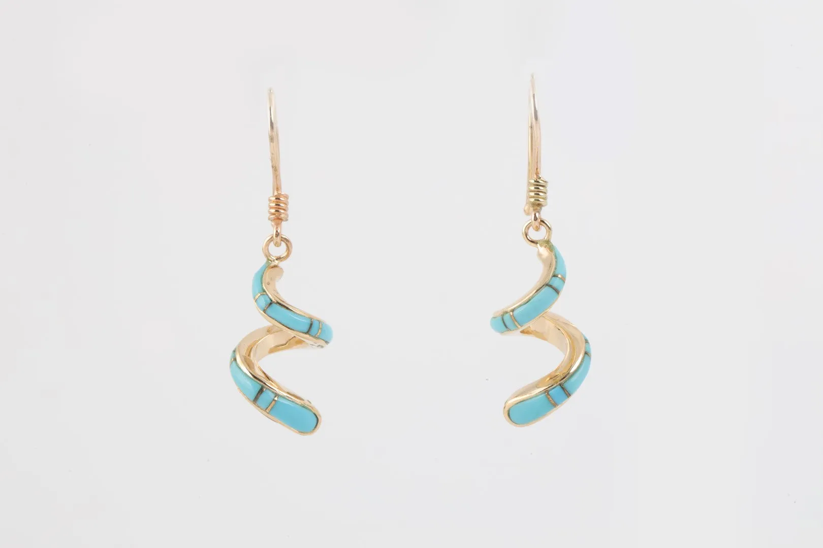 14k Yellow Gold Turquoise Inlay Spiral Dangle Earrings (6.14g.)