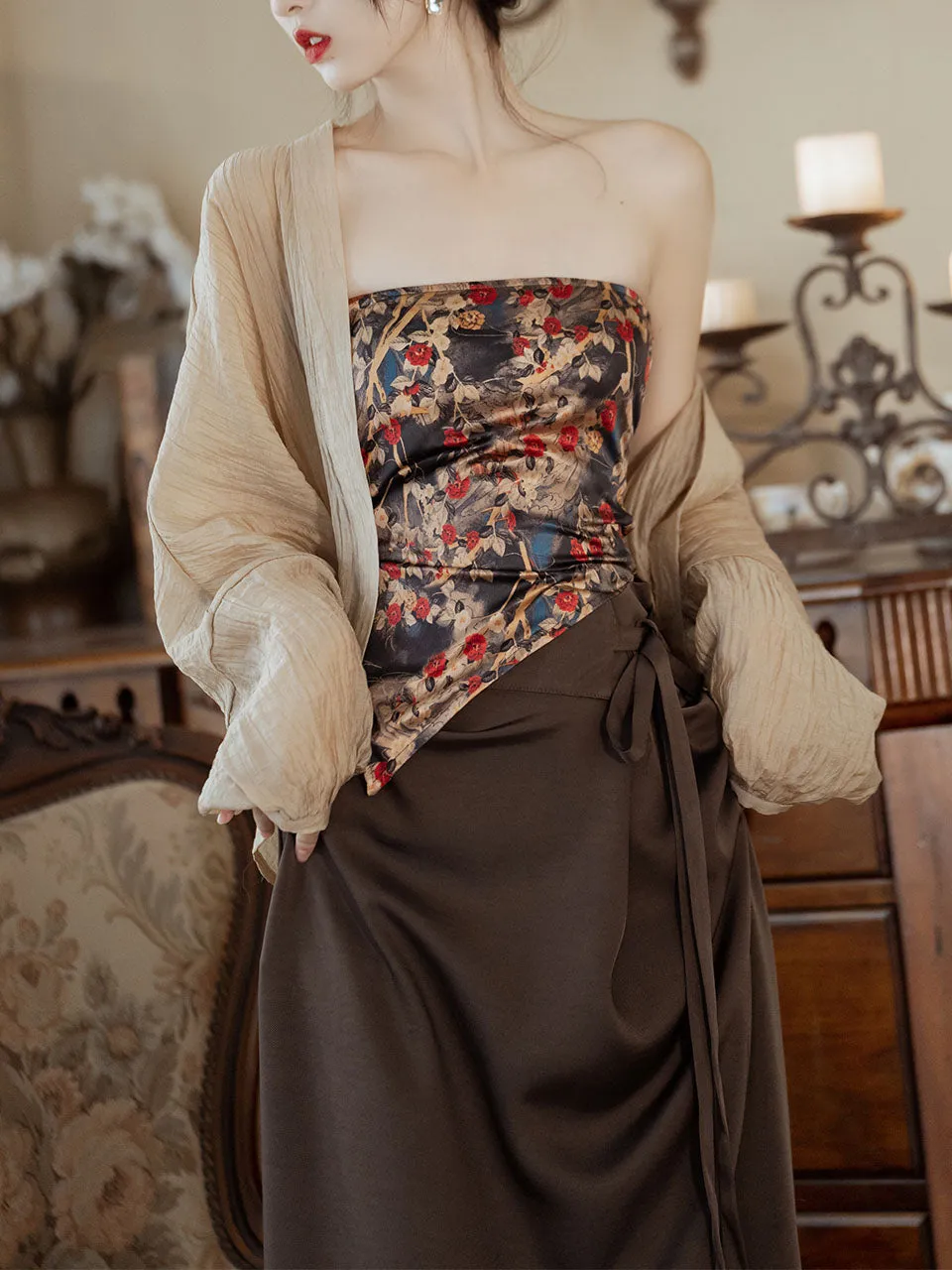 3PS Brown Floral Tube Top and Slit Skirt 1950s Cardigan Suit