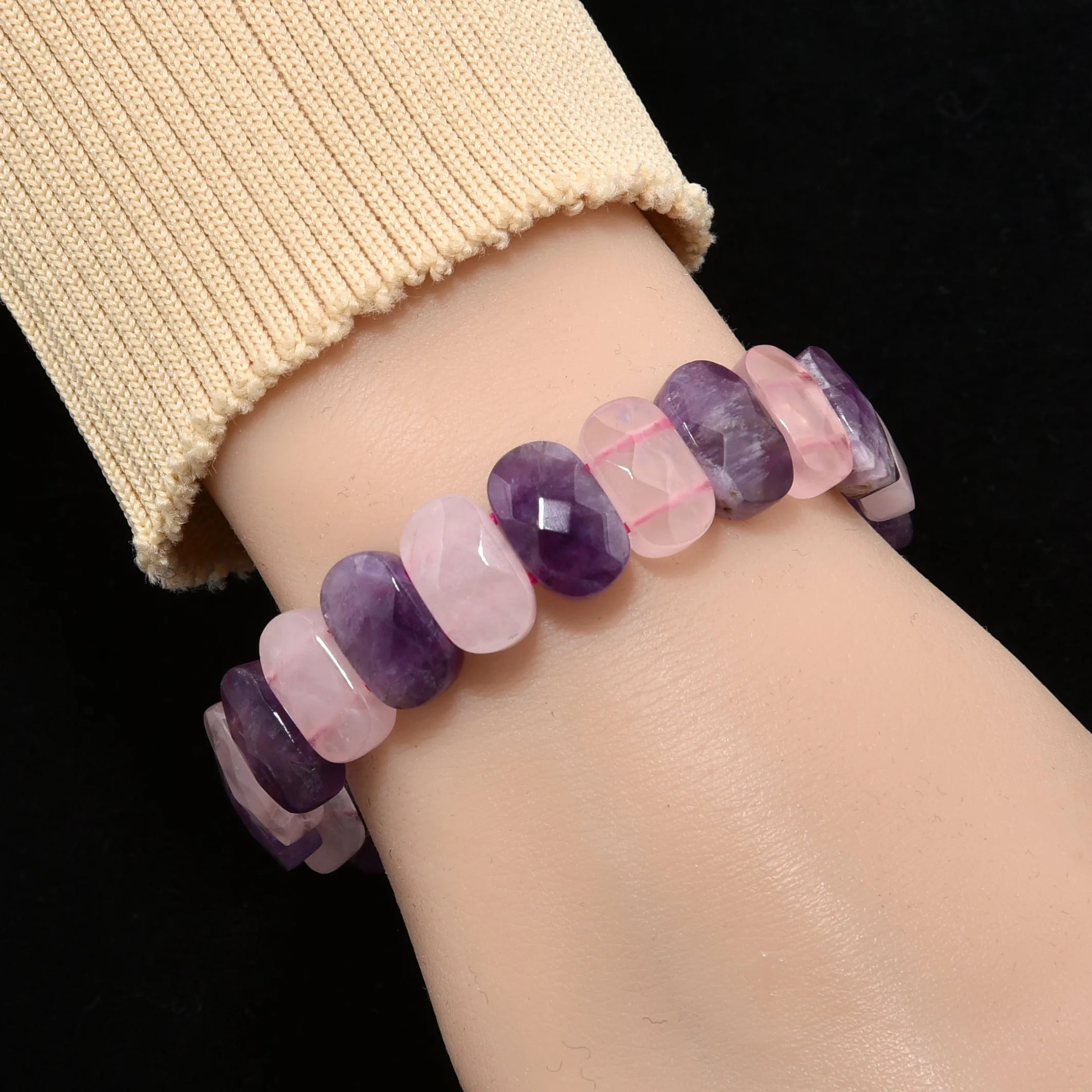 Amethyst and Rose Quartz 14mm Gemstone Bead Elastic Bracelet