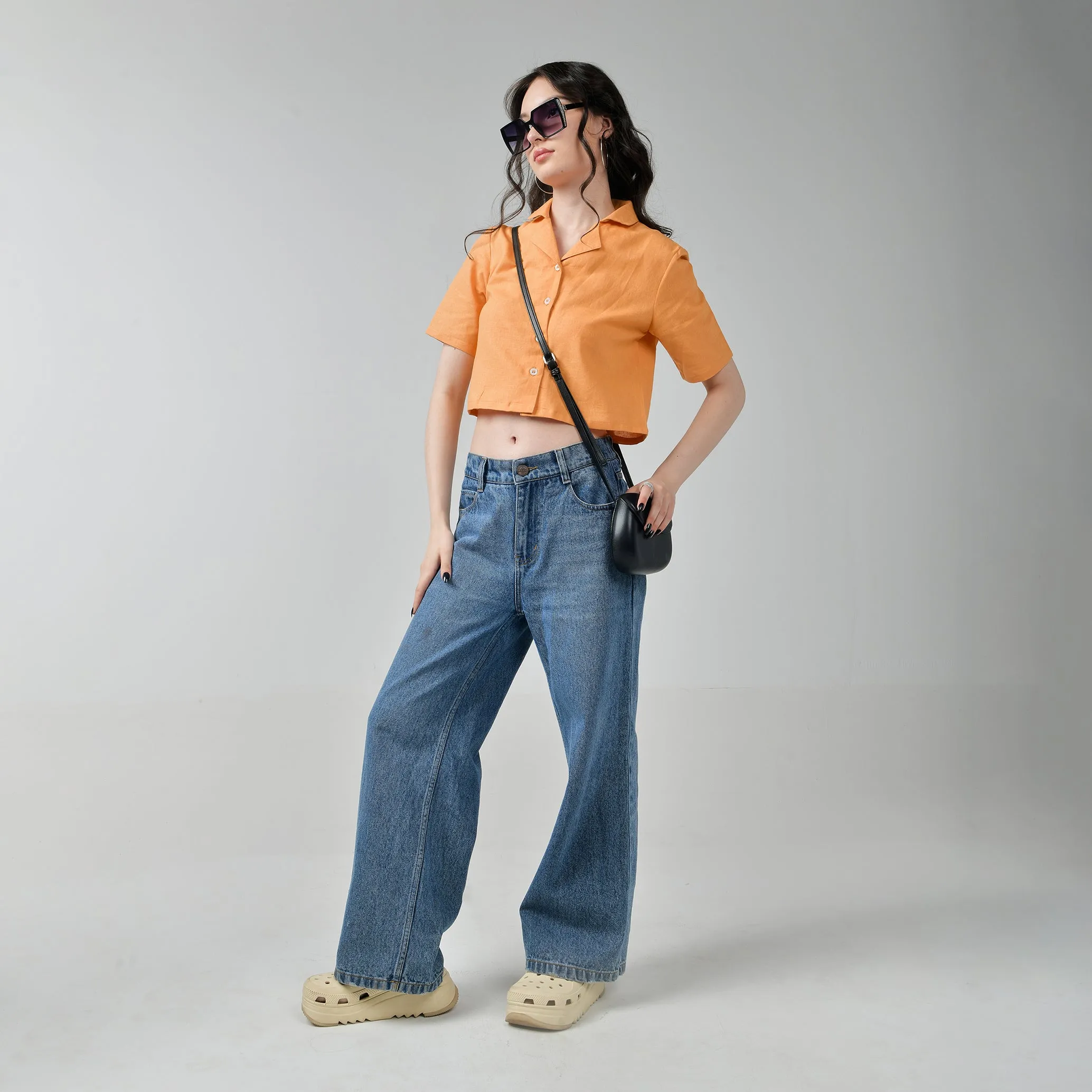 Baggy Jeans & Orange Crop Linen Shirt Set for Women