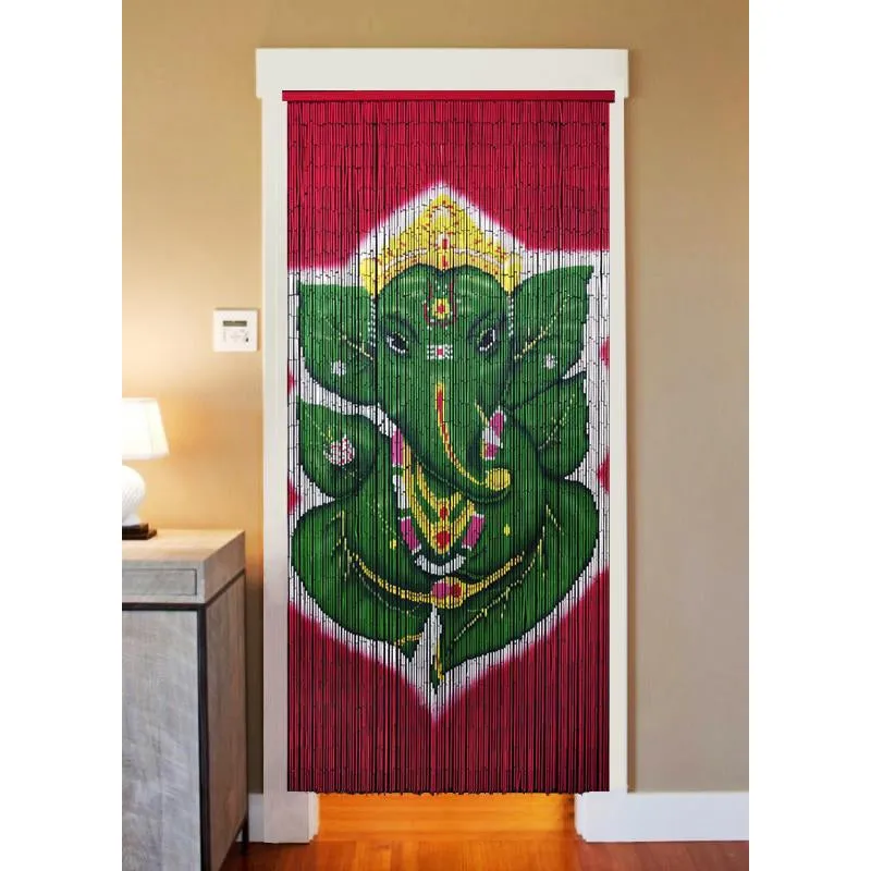 Bamboo Beaded Curtain Hand Painted - Green Leaf Ganesha