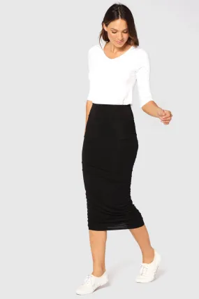 Bamboo Ruched Midi Skirt - Black