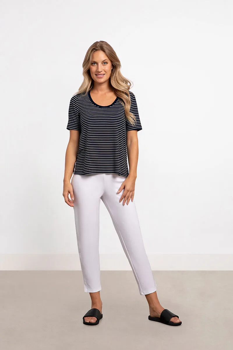 Bamboo Scoop Neck T | Blk/Wht Pinstripe