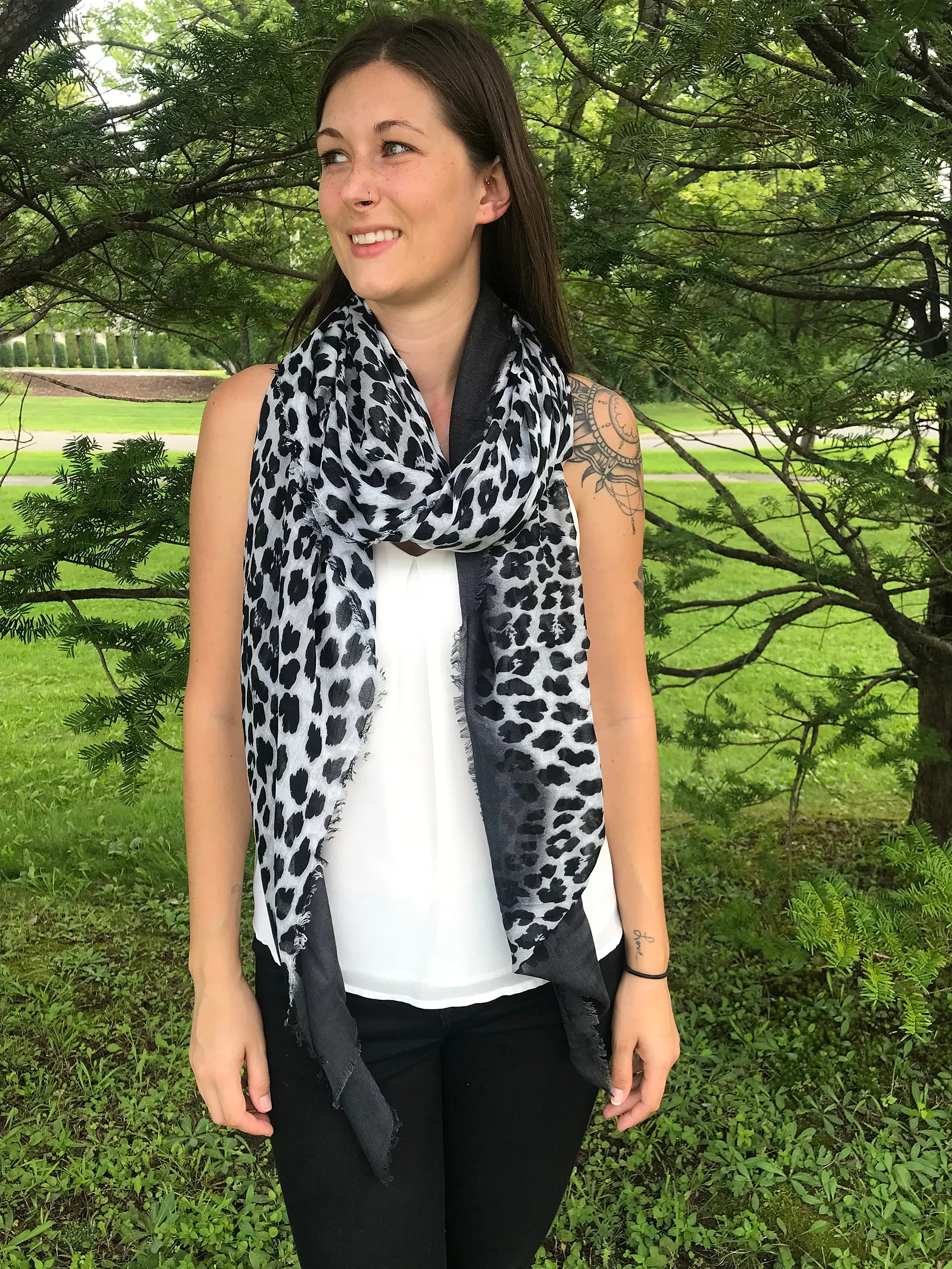 Blue Pacific Animal Print Cashmere and Silk Scarf in Grey and Snow