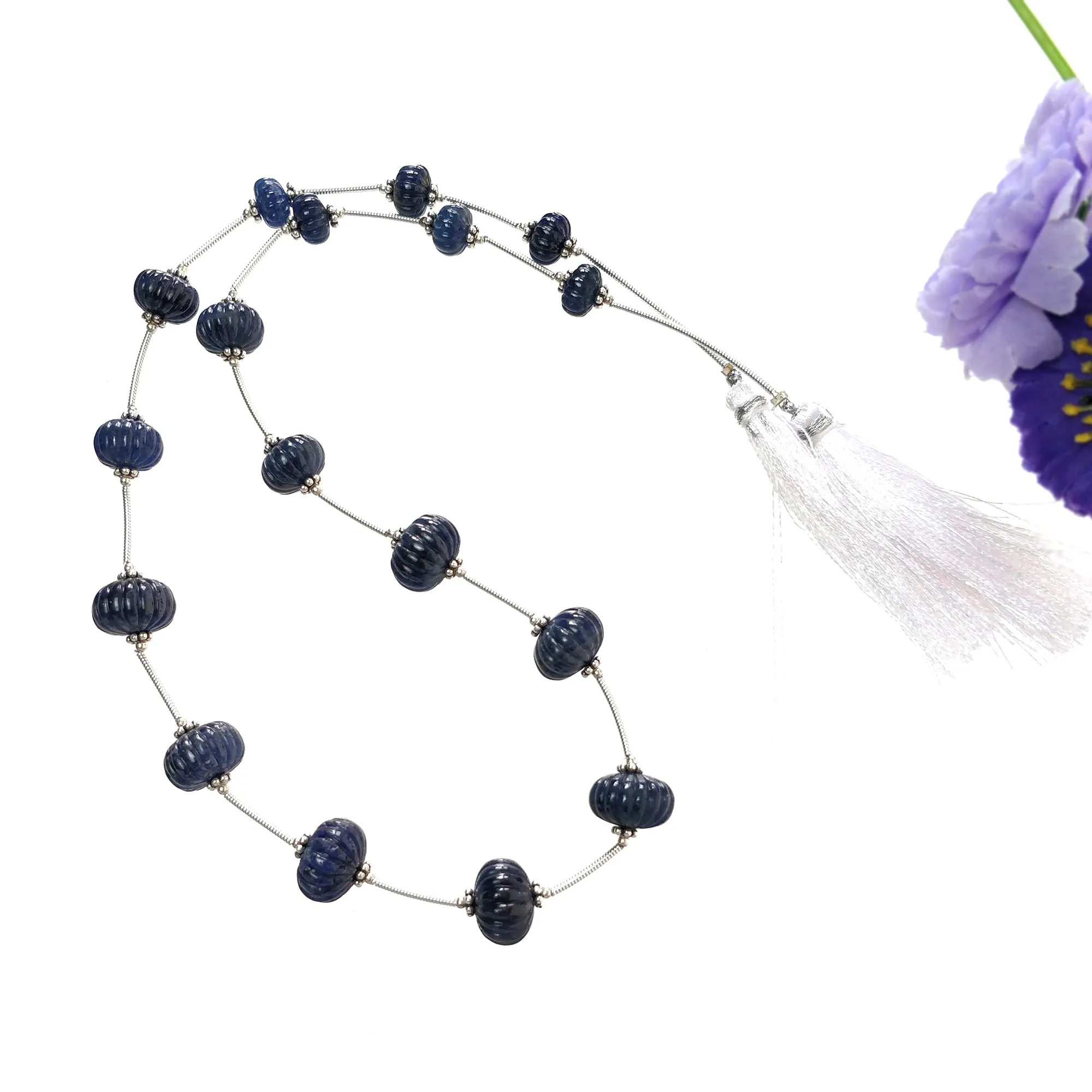 BLUE SAPPHIRE Gemstone Carving Loose Beads: 151.00cts Natural Untreated Sapphire Round Shape Hand Carved Melon Beads 8mm - 12mm For Necklace