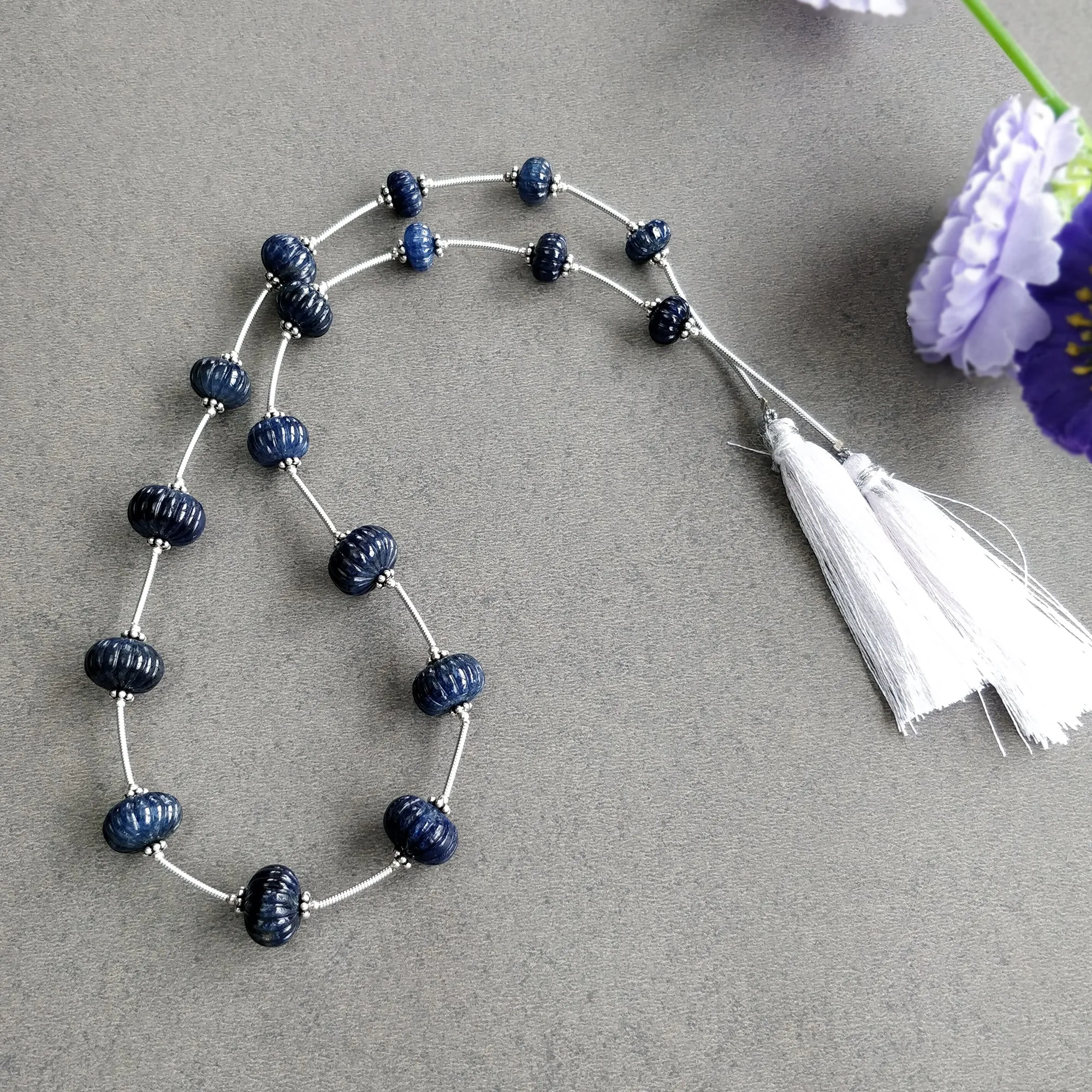 BLUE SAPPHIRE Gemstone Carving Loose Beads: 151.00cts Natural Untreated Sapphire Round Shape Hand Carved Melon Beads 8mm - 12mm For Necklace