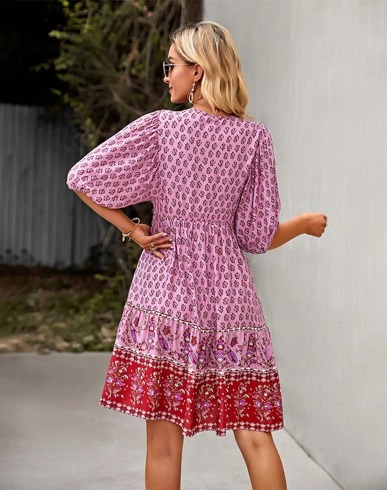 Bohemian Red Fuchsia Floral Puffed Sleeve Dress (Size S to XL)