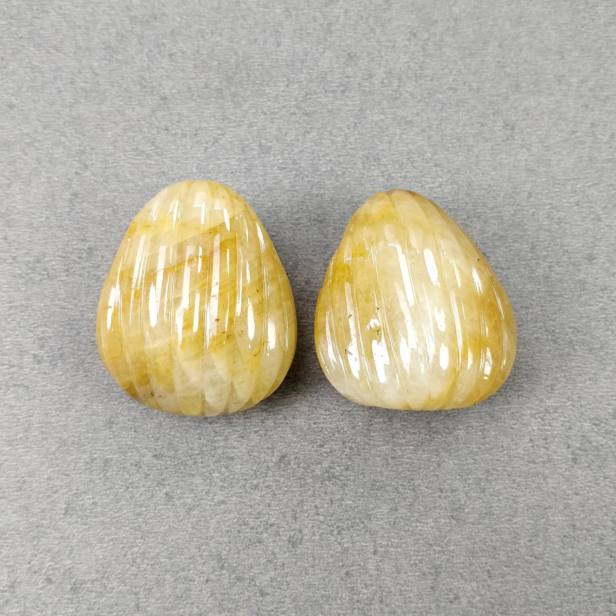 BURMESE Yellow SAPPHIRE Gemstone Carving : 464.60cts Natural Untreated Sapphire Uneven Shape 37*31mm Pair