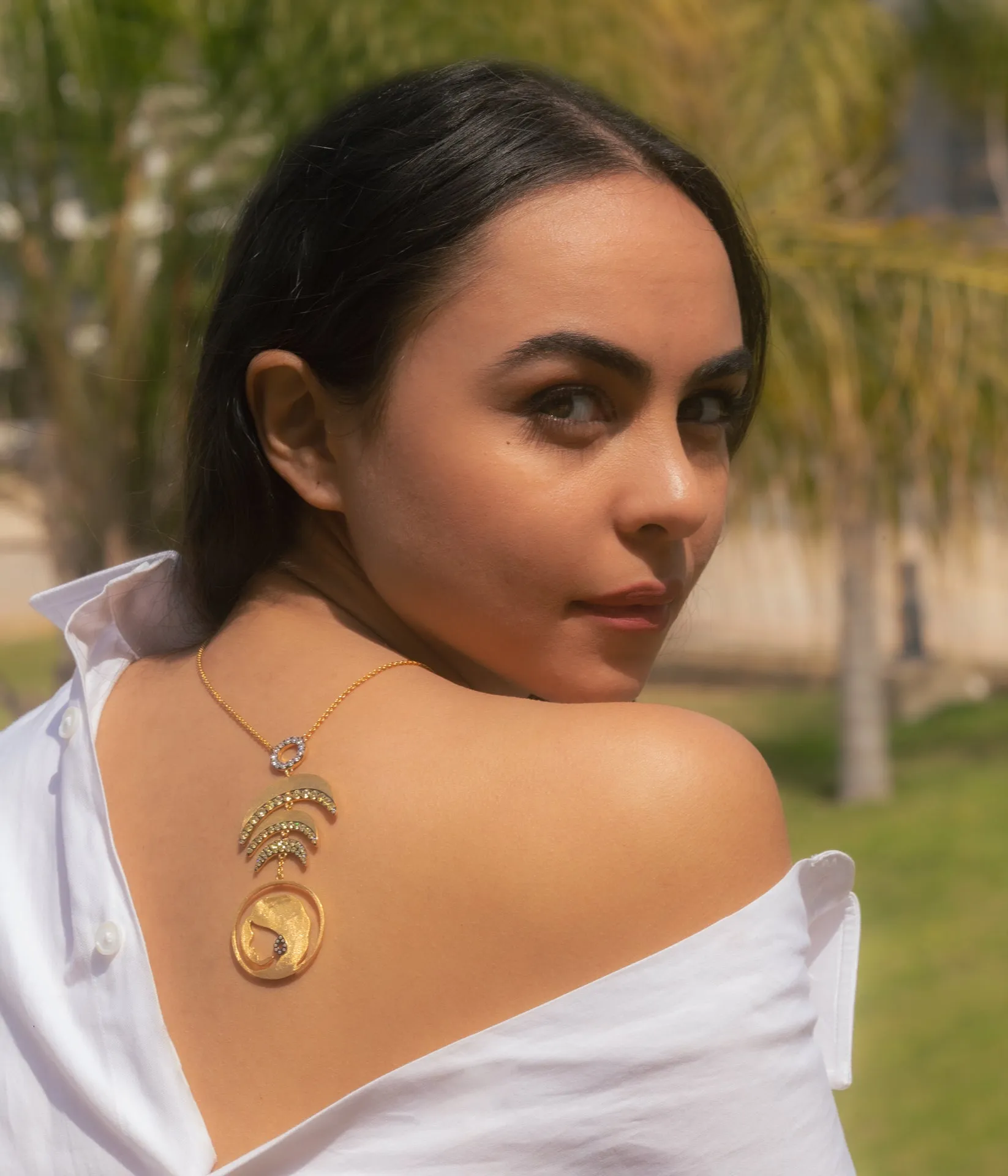 Carved Lady Coin Pendant with Halo Necklace in Vermeil Gold