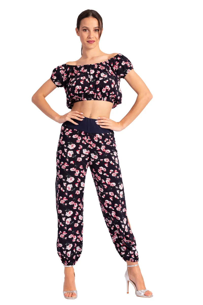 Dark Blue Floral Print Gathered Tango Pants With Slits