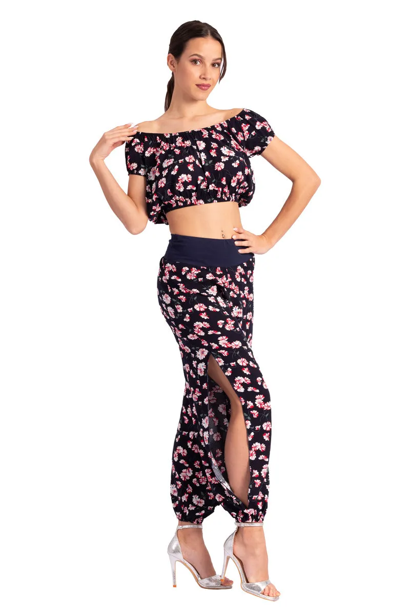 Dark Blue Floral Print Gathered Tango Pants With Slits