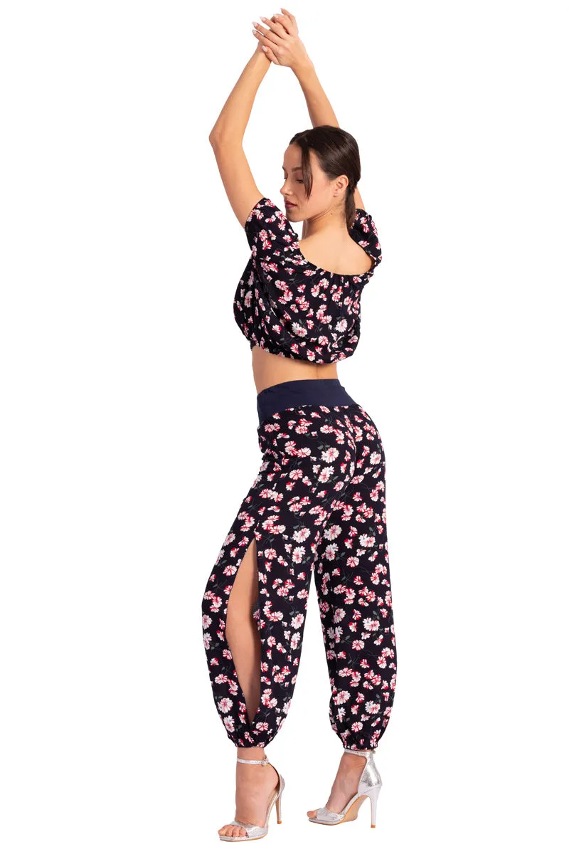 Dark Blue Floral Print Gathered Tango Pants With Slits