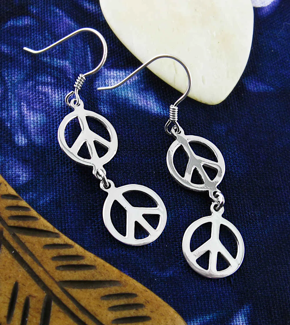 Double Peace Sign Dangle Hook Earrings