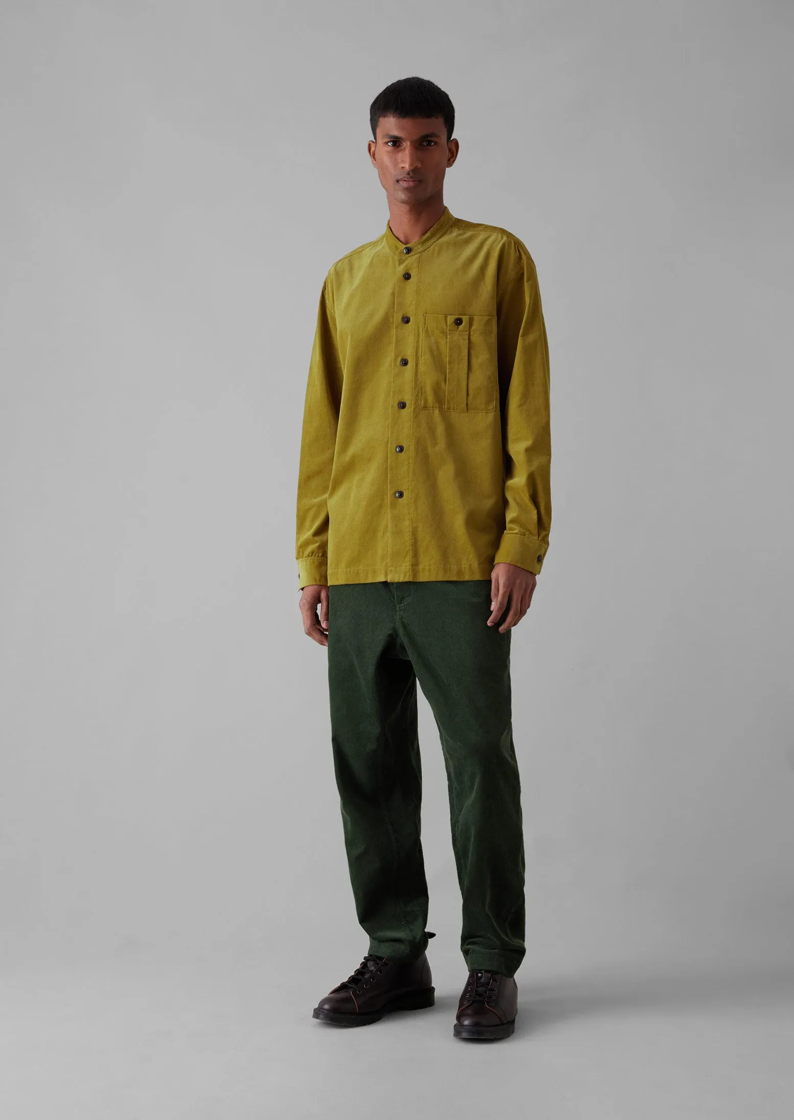 Dropped Shoulder Organic Cord Grandad Shirt | Golden Olive