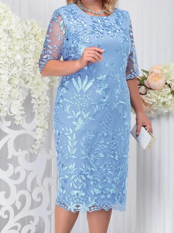 Elegant Floral Lace Plus Size Midi Dress for Women