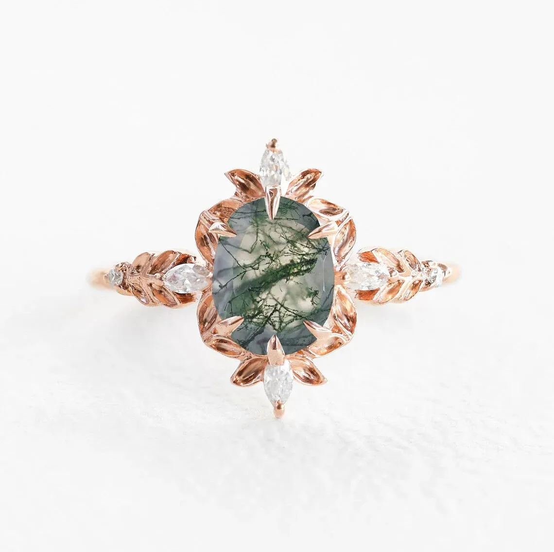 Enya Moss Agate Diamond Floral Engagement Ring