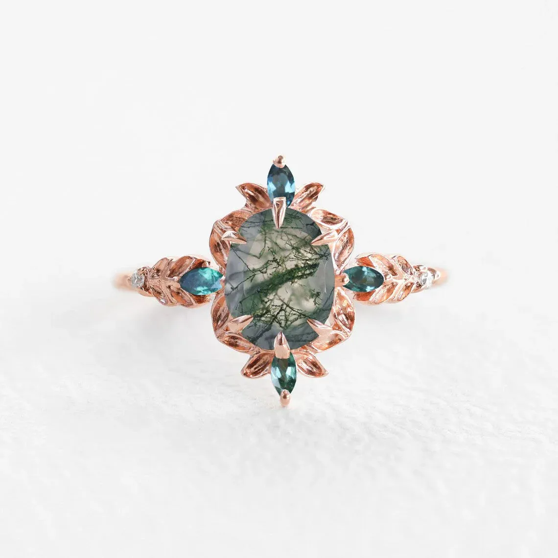 Enya Moss Agate Diamond Floral Engagement Ring