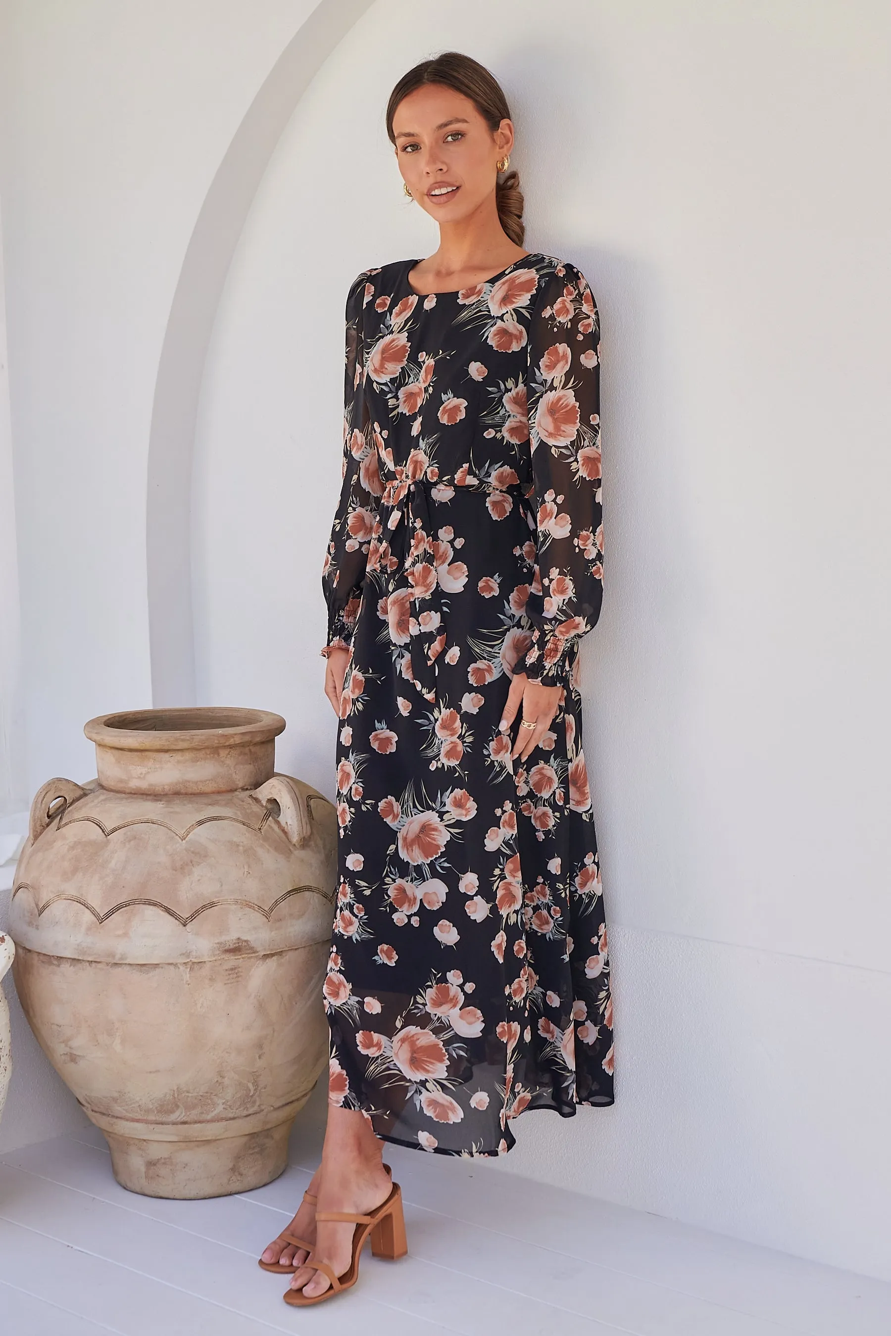 Evora Black/Rust Floral Chiffon Evening Dress