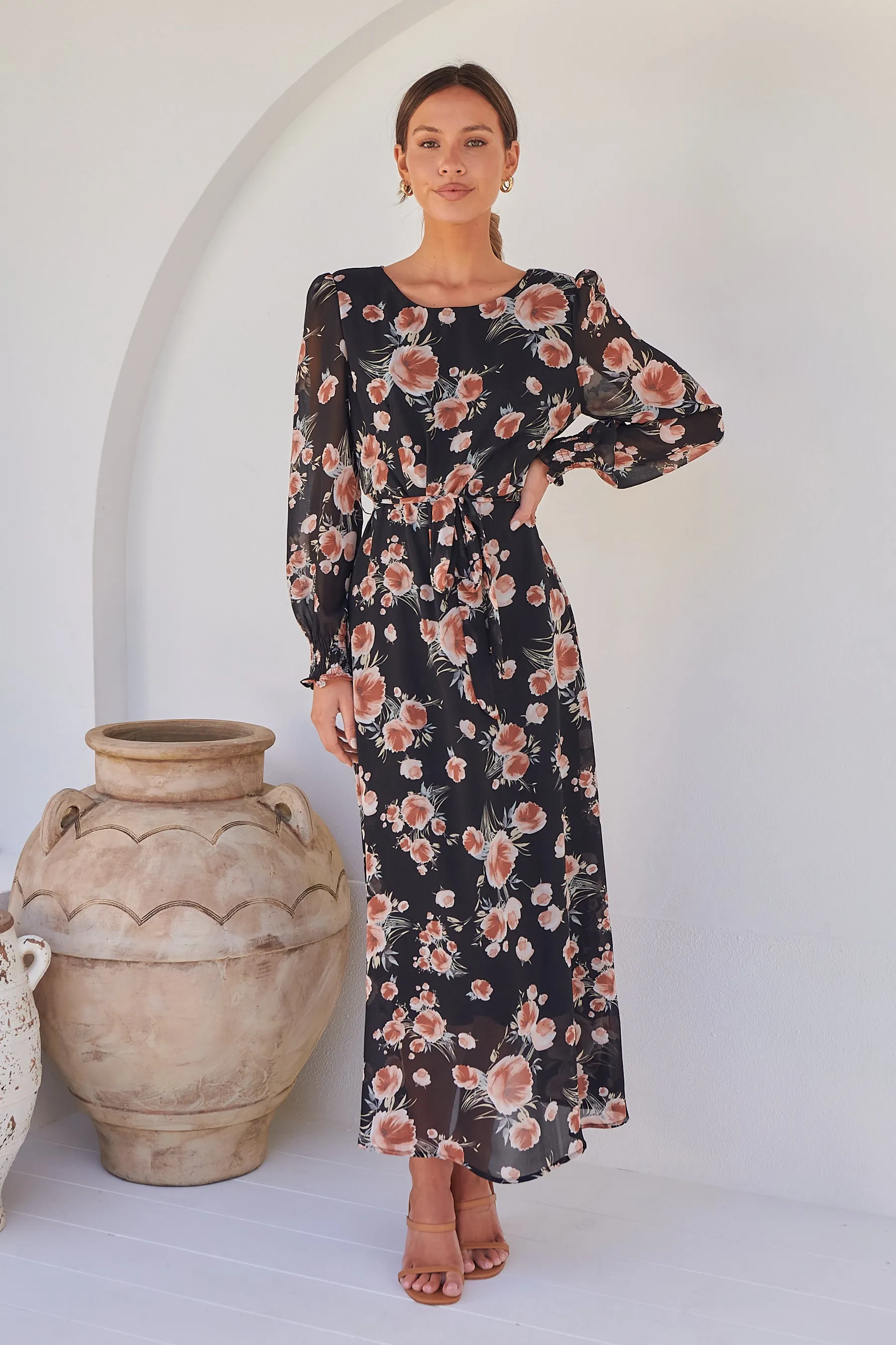 Evora Black/Rust Floral Chiffon Evening Dress