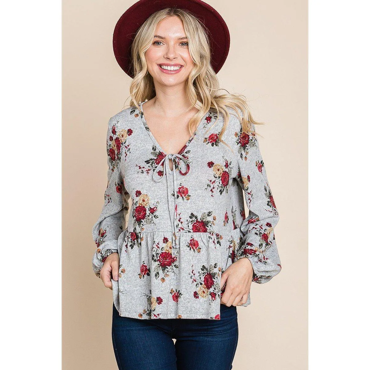 Floral Hacci Printed Babydoll Top With Elastic Cuff Sleeves