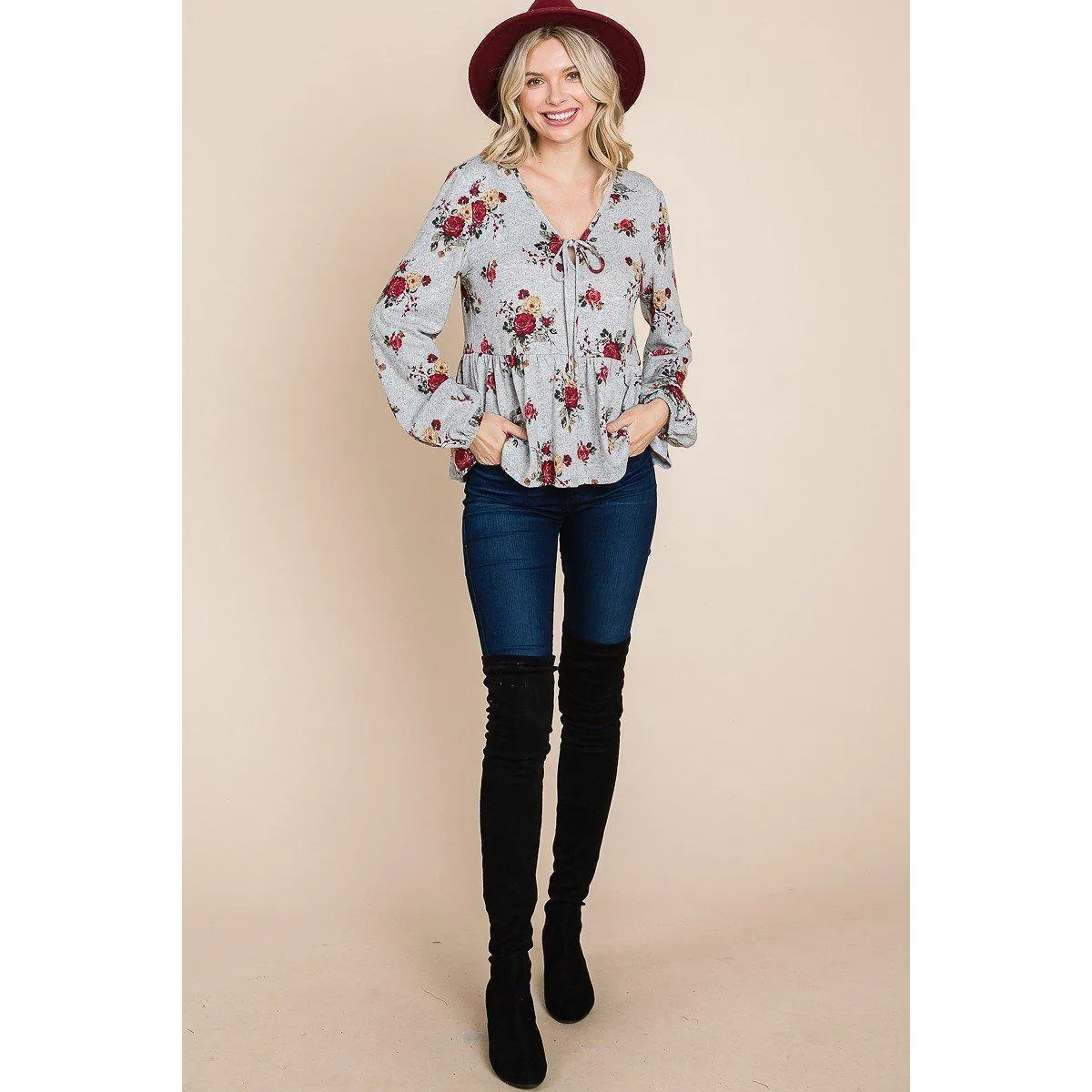 Floral Hacci Printed Babydoll Top With Elastic Cuff Sleeves