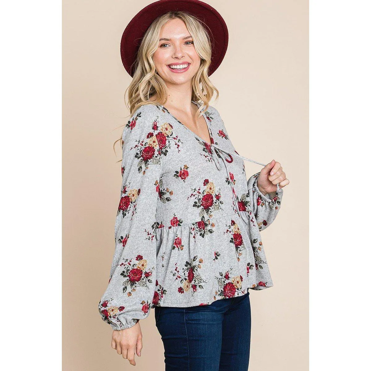 Floral Hacci Printed Babydoll Top With Elastic Cuff Sleeves