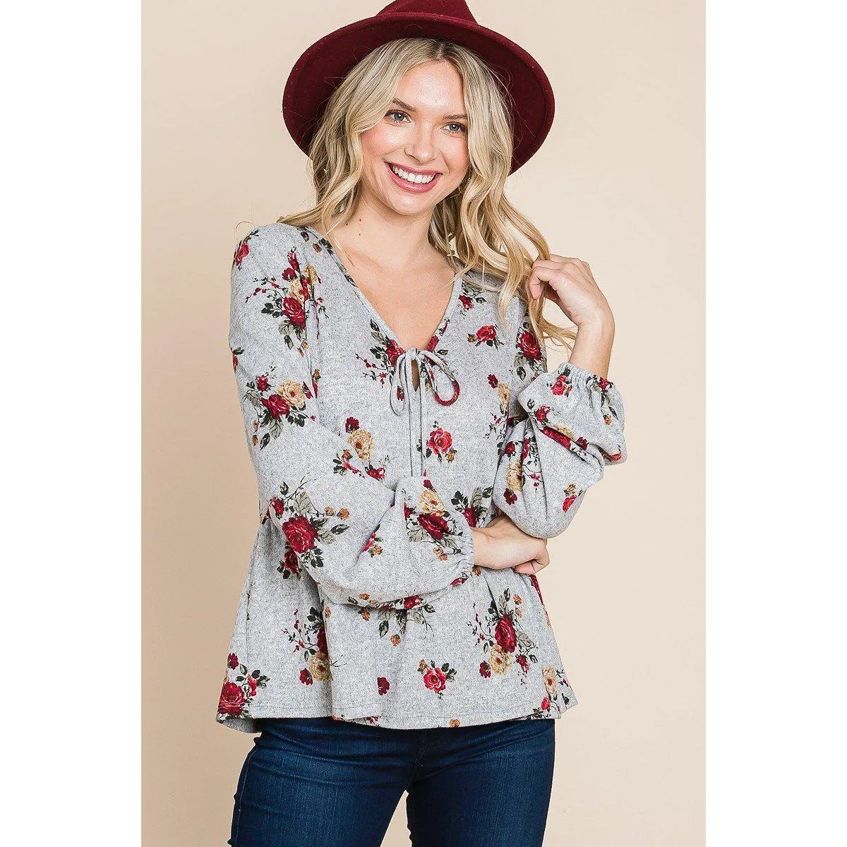 Floral Hacci Printed Babydoll Top With Elastic Cuff Sleeves