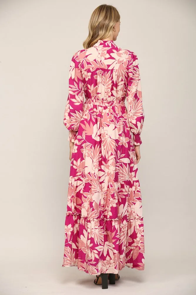 Floral Print Smocked Ruffle Neck Maxi Dress