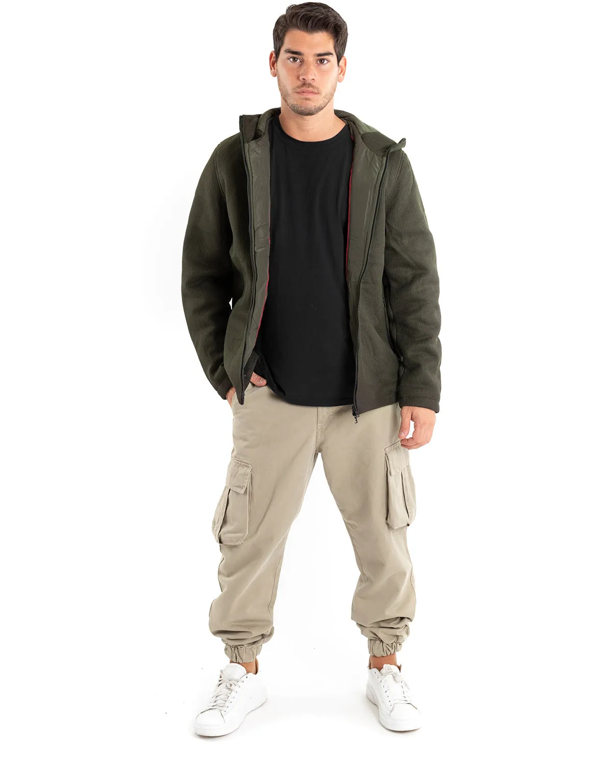 Giubbotto Uomo Bomber Cappuccio Tessuto Tecnico Verde Casual GIOSAL-G2886A