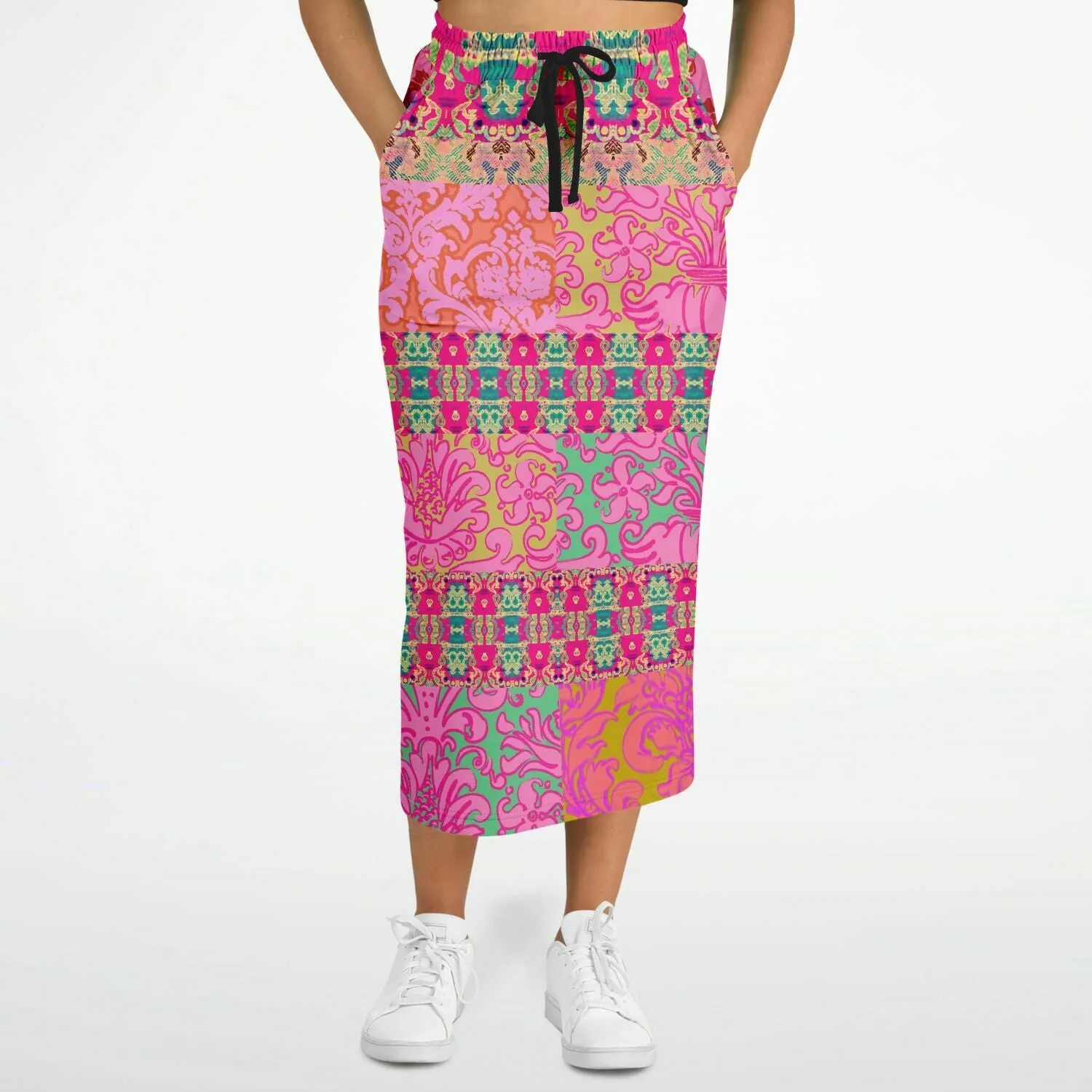 Gypsy Beat Pink Floral Patchwork Eco-Poly Long Pocket Skirt