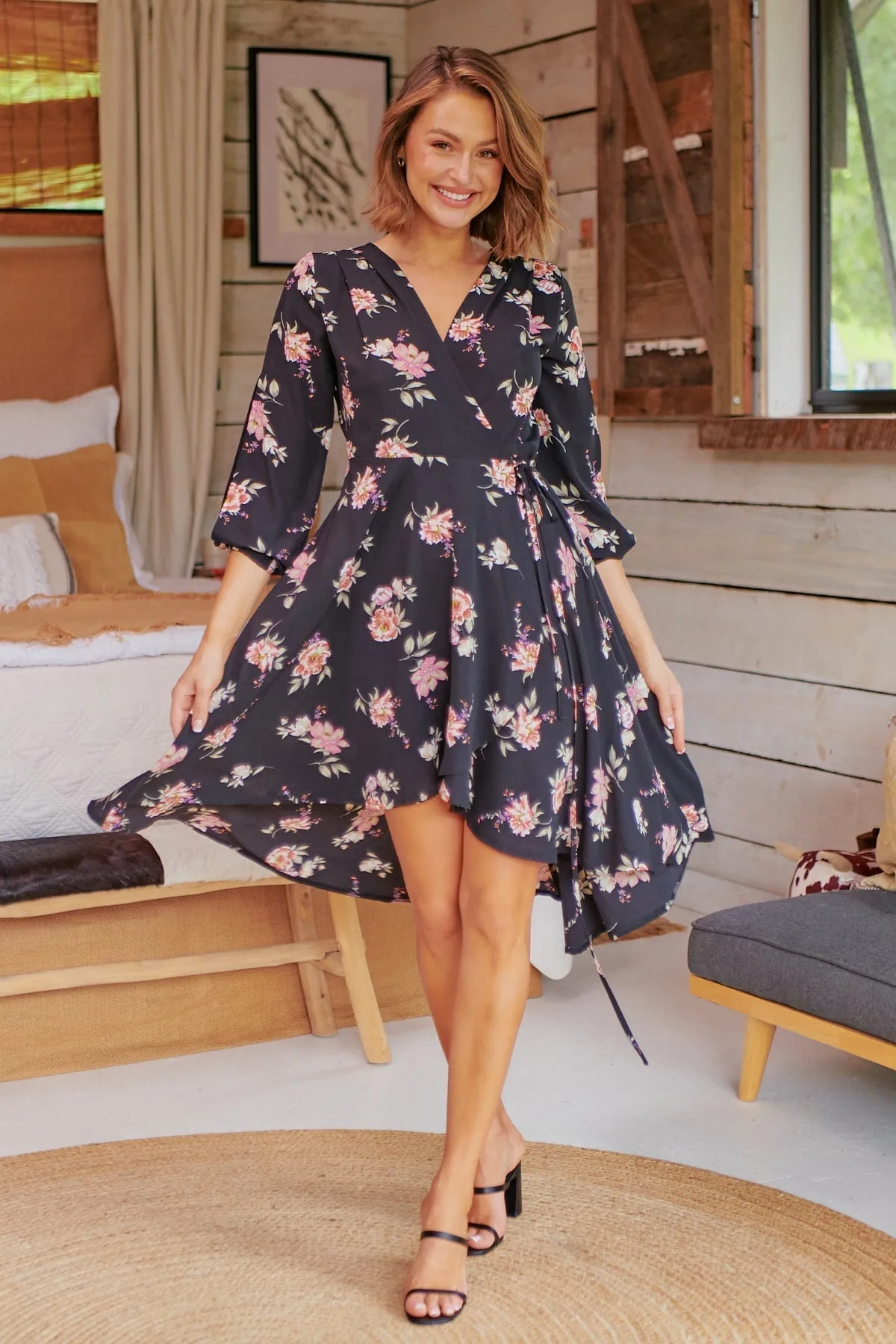 Hailey Cross Over Long Sleeve Black/Pink Floral Print Dress