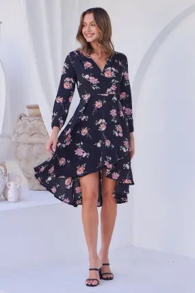 Hailey Cross Over Long Sleeve Black/Pink Floral Print Dress