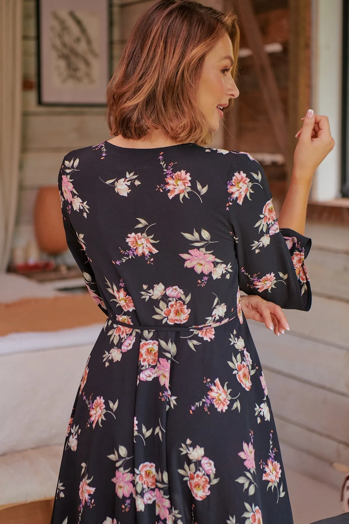 Hailey Cross Over Long Sleeve Black/Pink Floral Print Dress