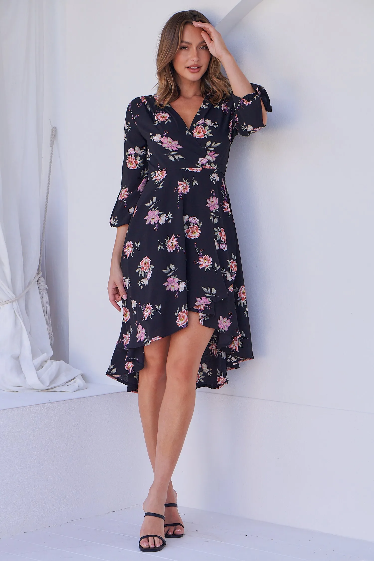 Hailey Cross Over Long Sleeve Black/Pink Floral Print Dress