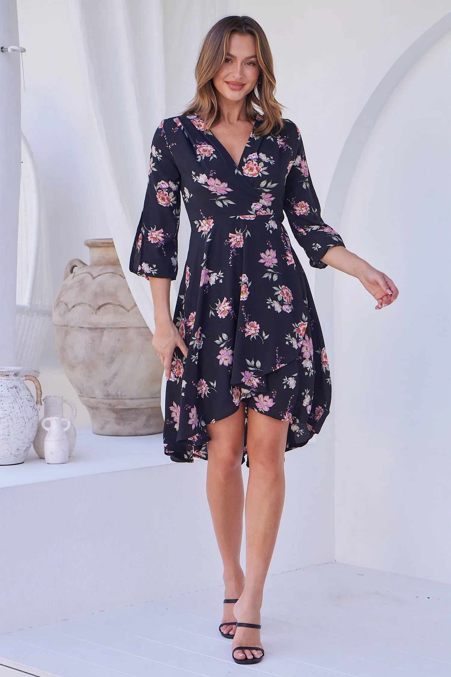 Hailey Cross Over Long Sleeve Black/Pink Floral Print Dress