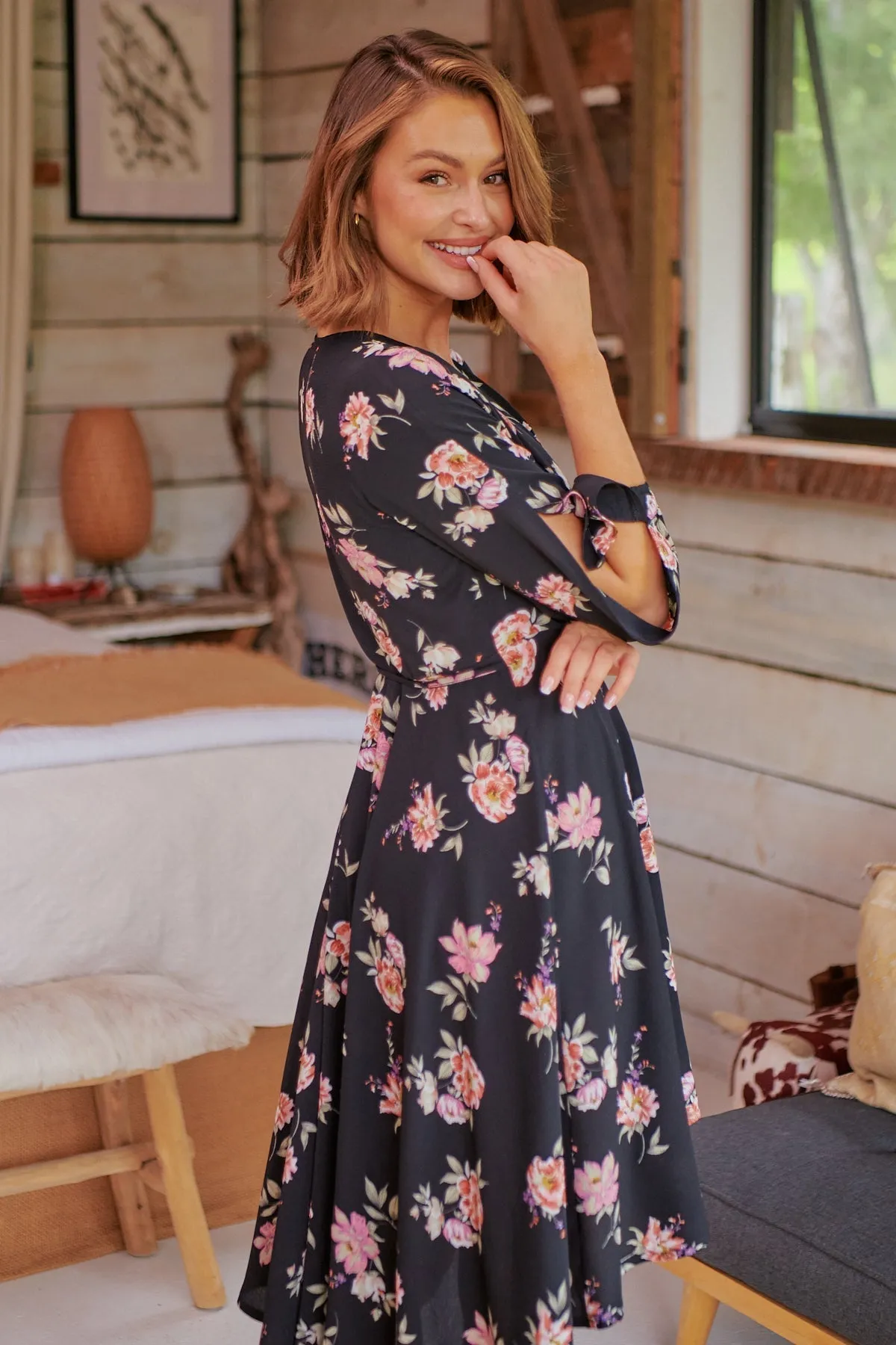 Hailey Cross Over Long Sleeve Black/Pink Floral Print Dress