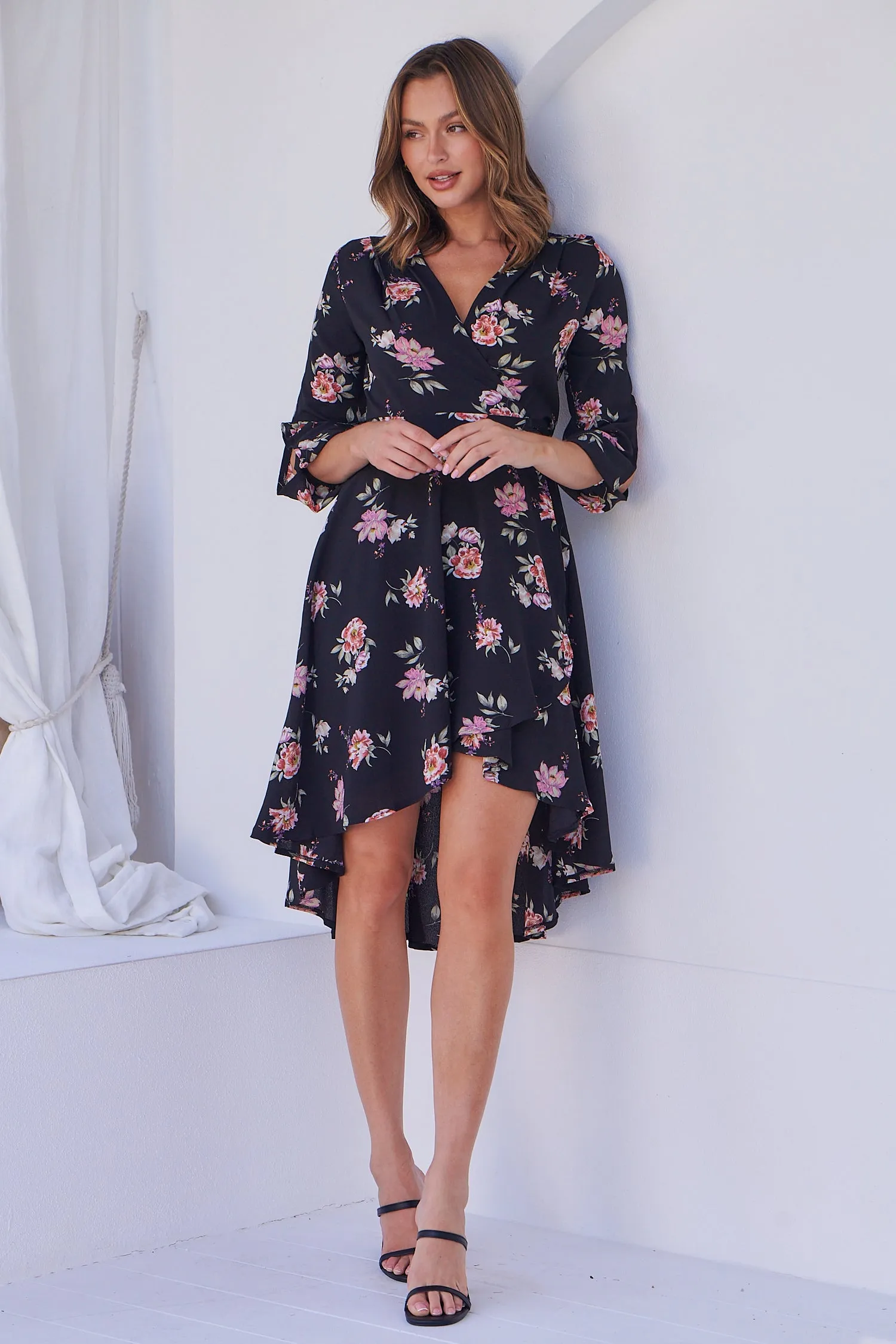 Hailey Cross Over Long Sleeve Black/Pink Floral Print Dress