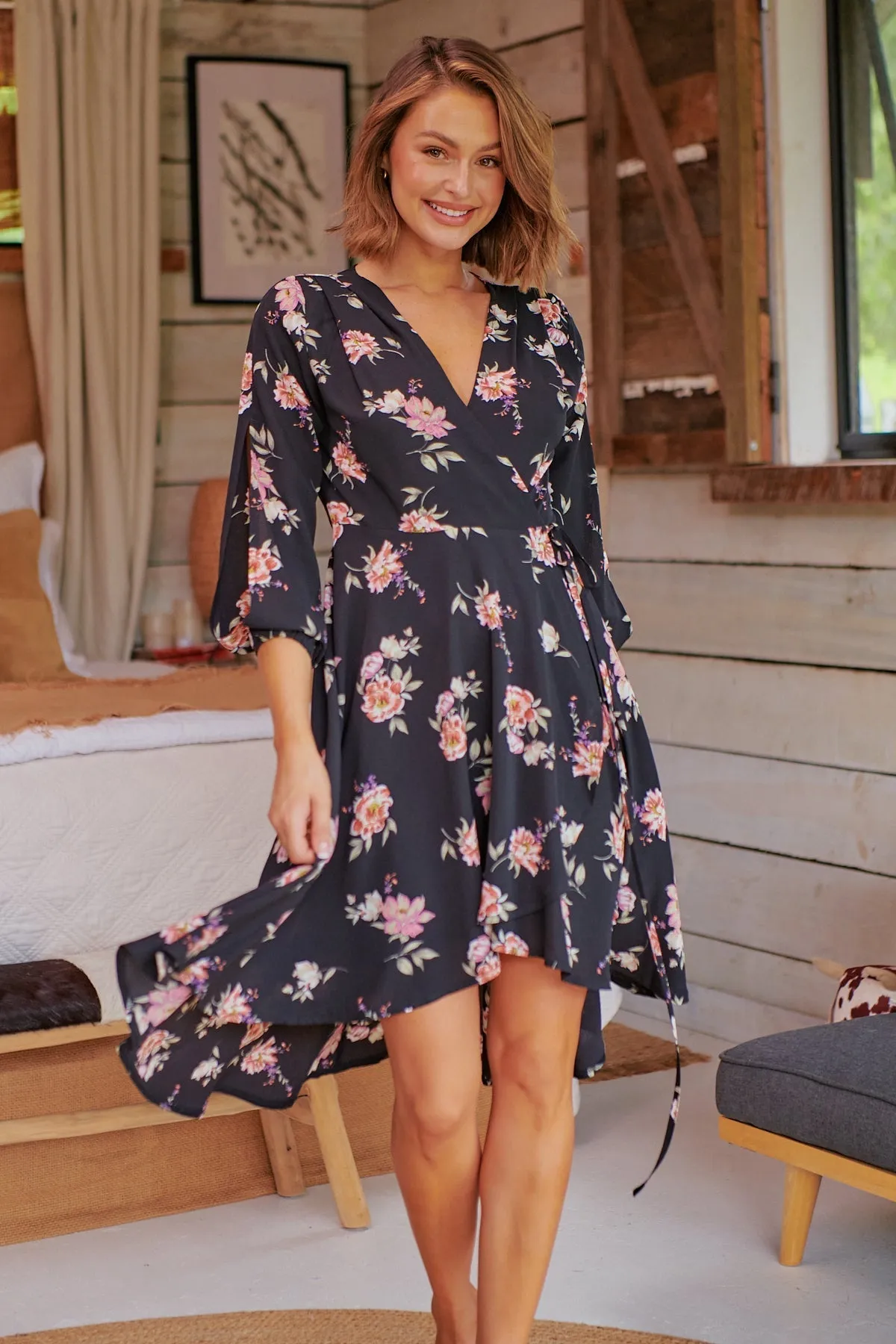 Hailey Cross Over Long Sleeve Black/Pink Floral Print Dress