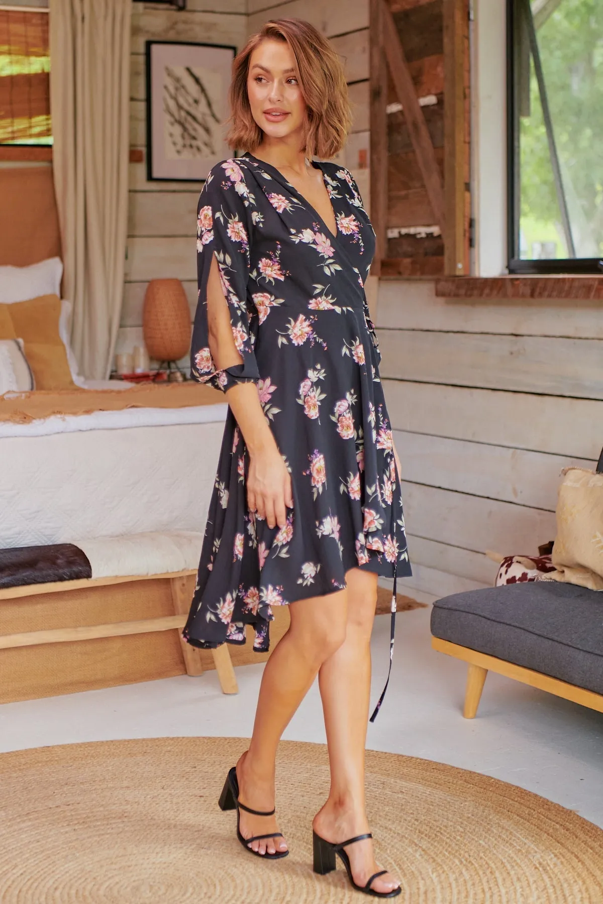 Hailey Cross Over Long Sleeve Black/Pink Floral Print Dress