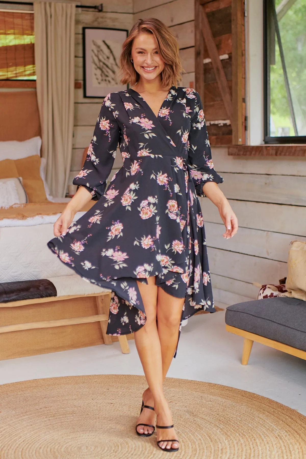 Hailey Cross Over Long Sleeve Black/Pink Floral Print Dress