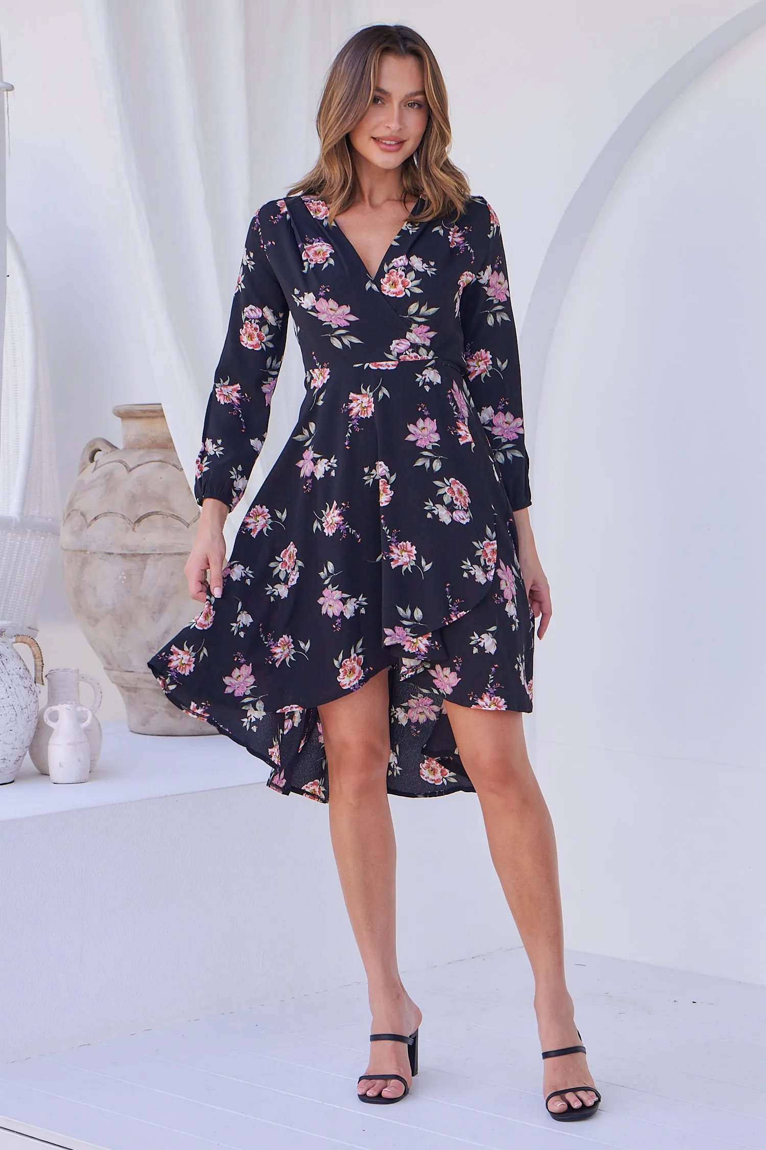 Hailey Cross Over Long Sleeve Black/Pink Floral Print Dress