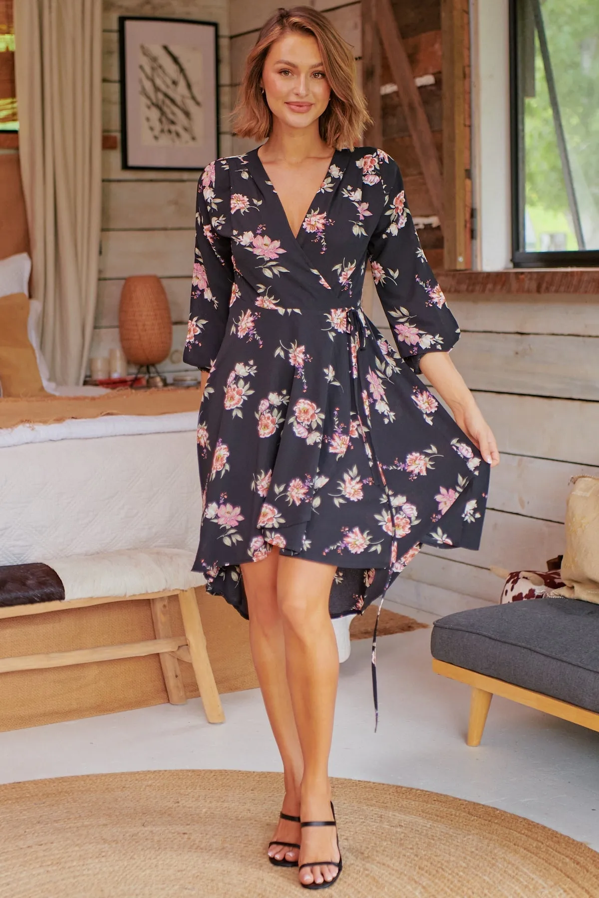 Hailey Cross Over Long Sleeve Black/Pink Floral Print Dress