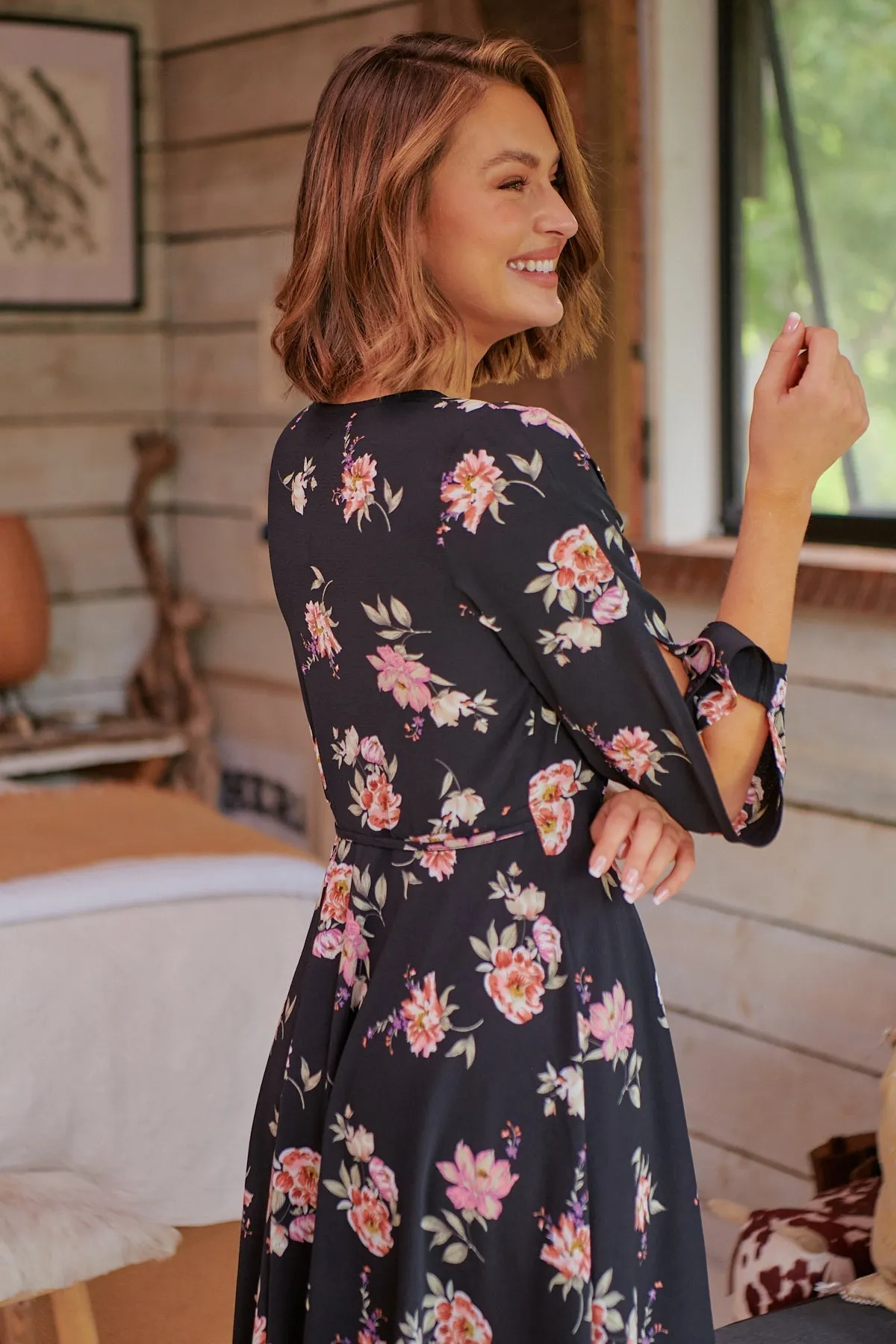 Hailey Cross Over Long Sleeve Black/Pink Floral Print Dress