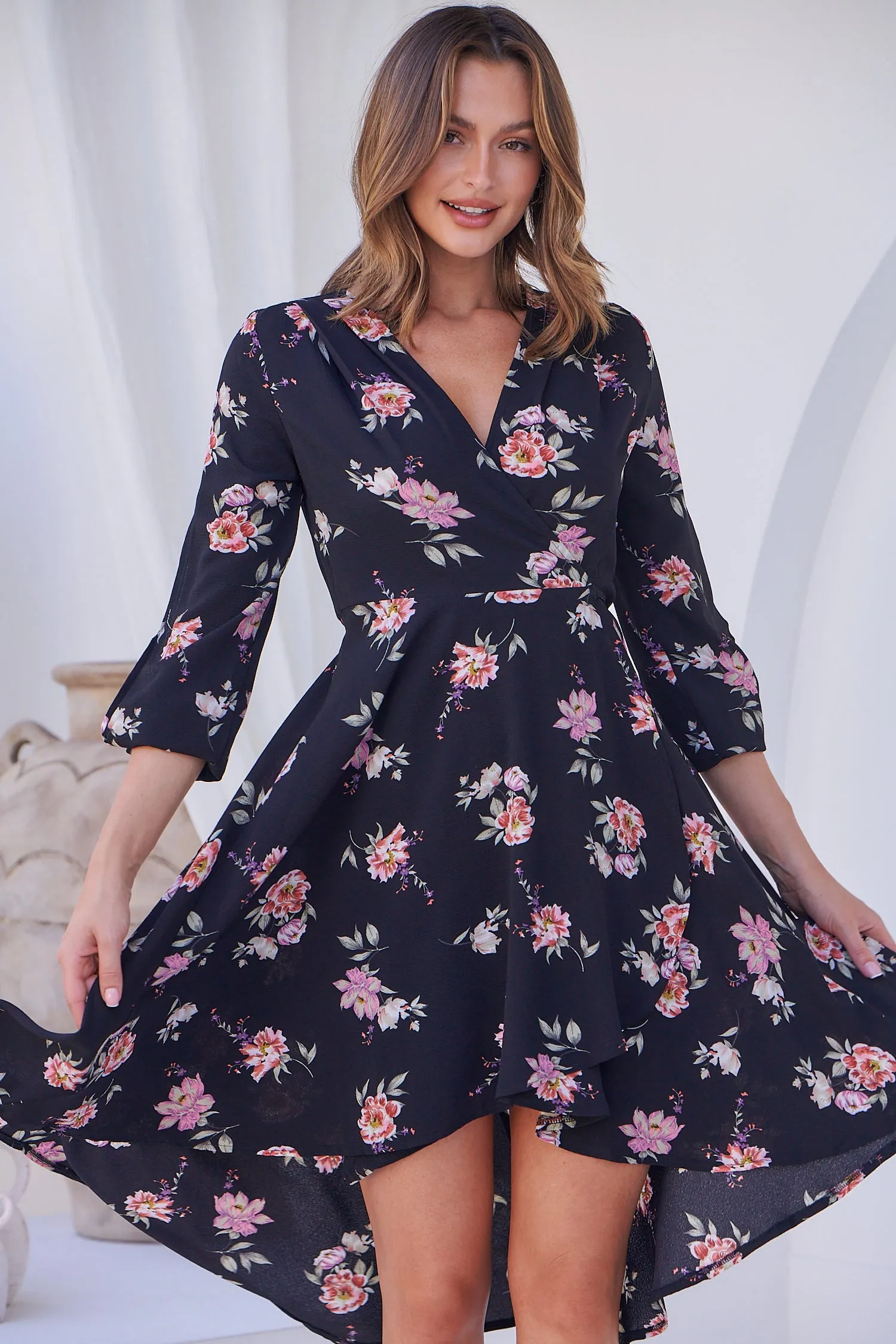 Hailey Cross Over Long Sleeve Black/Pink Floral Print Dress